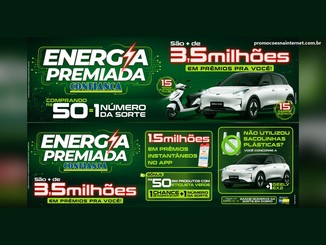 Arte da promoção Energia Premiada Confiança em fundo verde com dois painéis: no de cima, um carro elétrico branco Geely EX2 ao lado de uma moto elétrica, com os dizeres "Comprando R$50 = 1 número da sorte" e "São mais de 3,5 milhões em prêmios pra você"; no de baixo, destaques para 1,5 milhão em prêmios instantâneos no app e um carro para quem não usa sacolinhas plásticas.