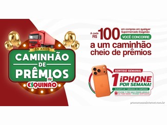 Arte da Promoção de Aniversário Eskynão 2026 com letreiro Caminhão de Prêmios, caminhão vermelho, balões dourados e um iPhone 17 Pro Max laranja sorteado por semana a cada R$100 em compras