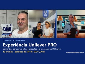Arte do Concurso Experiência Unilever PRO com três imagens de criadores de conteúdo, um pacote de sabão em pó OMO e o texto 12 prêmios, participe de 23/10 a 02/11/2026