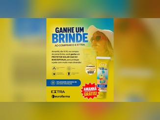 Arte amarela da promoção do jornal Extra com a Eurofarma: ganhe um brinde ao comprar o Extra, protetor solar OAZ FPS 30 Bob Esponja de R$25 grátis em 11/10