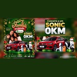 Cartaz natalino verde e dourado da promoção Família Premiada, do aplicativo OnFácil e do Posto Ouro Negro, com uma família sorridente, um Chevrolet Sonic vermelho, uma moto elétrica branca, um PlayStation 5 e um iPhone, ao lado do texto "Concorra a um Sonic 0 km".