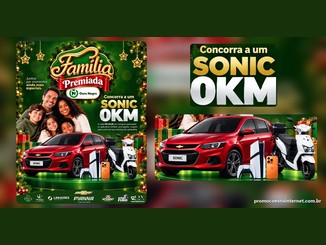 Cartaz natalino verde e dourado da promoção Família Premiada, do aplicativo OnFácil e do Posto Ouro Negro, com uma família sorridente, um Chevrolet Sonic vermelho, uma moto elétrica branca, um PlayStation 5 e um iPhone, ao lado do texto "Concorra a um Sonic 0 km".