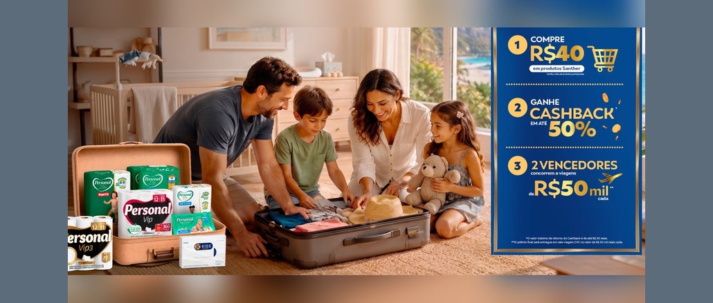 Promoção Cuidado em Dia, Férias em Família Santher Família arrumando a mala de viagem com produtos Personal e Kiss, ao lado do painel da promoção Cuidado em Dia, Férias em Família: compre R$40, ganhe cashback e concorra a vale-viagem CVC de R$50 mil