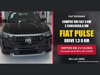 Frente de um Fiat Pulse preto em uma concessionária, ao lado do texto "Compre um Fiat 0 km e concorra a um Fiat Pulse Drive 1.3 0 km", com sorteio em 21/12/2026 em São Luís (MA).