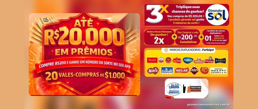 Promoção Fim de Ano Premiado Torqueti e Neri Arte da promoção Fim de Ano Premiado do Grupo Torqueti e Neri, com a frase "Até R$20.000 em prêmios", 20 vales-compras de R$1.000 e painéis que explicam como multiplicar os números da sorte com produtos Girando Sol e marcas duplicadoras.