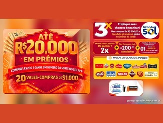 Arte da promoção Fim de Ano Premiado do Grupo Torqueti e Neri, com a frase "Até R$20.000 em prêmios", 20 vales-compras de R$1.000 e painéis que explicam como multiplicar os números da sorte com produtos Girando Sol e marcas duplicadoras.
