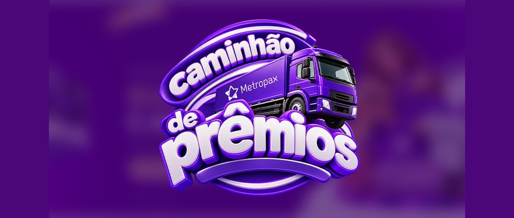 Promoção Caminhão de Prêmios Metropax Logo da campanha Caminhão de Prêmios em letras brancas e roxas, com um caminhão roxo da Metropax sobre fundo roxo desfocado.