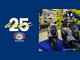 Arte da promoção 25 anos do Supermercado Foscarini: à esquerda, logotipo com o número 25 e a palavra anos em amarelo sobre fundo azul, acima do selo do supermercado; à direita, duas motos elétricas Veloster prata sob um arco de balões azuis e amarelos.