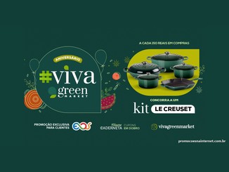 Arte da promoção Aniversário Green Market com kit de panelas verdes Le Creuset e o texto: a cada 150 reais em compras, concorra a um kit Le Creuset
