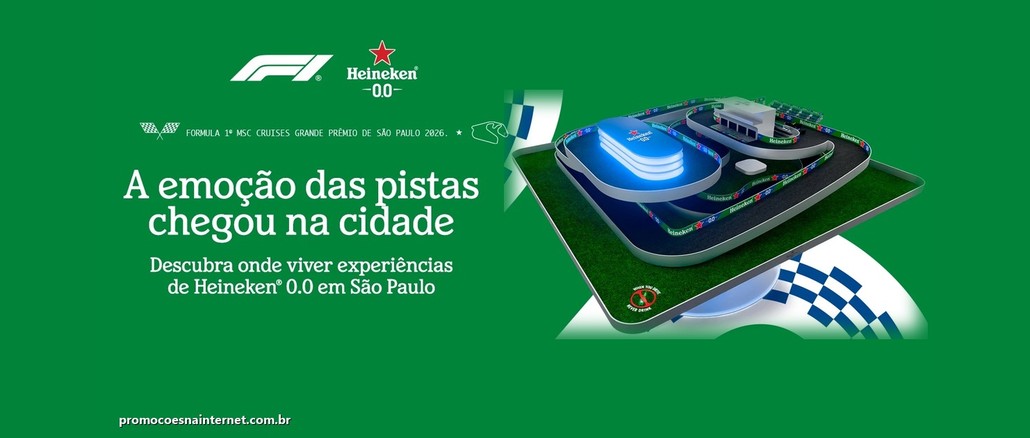 Grid 0.0 - F1 Heineken Arte verde da campanha Grid 0.0 F1 Heineken com os logos da Fórmula 1 e da Heineken 0.0, o texto "A emoção das pistas chegou na cidade" e uma maquete 3D de pista de corrida com faixas Heineken.