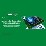 Arte verde da campanha Grid 0.0 F1 Heineken com os logos da Fórmula 1 e da Heineken 0.0, o texto "A emoção das pistas chegou na cidade" e uma maquete 3D de pista de corrida com faixas Heineken.