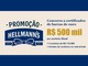 Arte da Promoção Hellmann's com o logotipo da marca em azul e a chamada para concorrer a certificados de barras de ouro de até R$500.000,00 e brindes de cerâmica