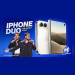 Arte da promoção iPhone Duo com Danilo e Davi, mostrando os dois cantores com microfones ao lado de um iPhone dobrável branco, sobre fundo azul, com o logo da Metropolitana