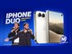 Arte da promoção iPhone Duo com Danilo e Davi, mostrando os dois cantores com microfones ao lado de um iPhone dobrável branco, sobre fundo azul, com o logo da Metropolitana
