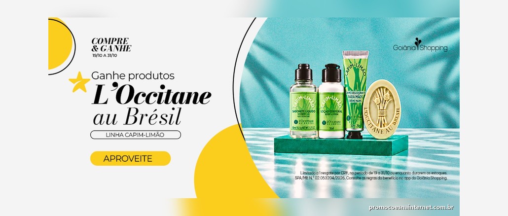 Banner do Compre e Ganhe do Goiânia Shopping com produtos L'Occitane au Brésil da linha Capim-Limão: sabonete líquido, loção corporal, creme para as mãos e sabonete em barra sobre base verde