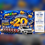 Arte da promoção Max Rede 20 Anos com cinco motos vermelhas e brancas e um Fiat Mobi branco sob o número 20 dourado, ao lado de quadro com a regra de R$100 por cupom e sorteio em 09/01/2027