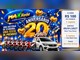 Arte da promoção Max Rede 20 Anos com cinco motos vermelhas e brancas e um Fiat Mobi branco sob o número 20 dourado, ao lado de quadro com a regra de R$100 por cupom e sorteio em 09/01/2027
