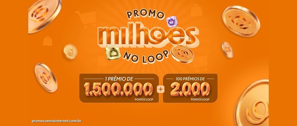 Arte laranja com moedas douradas do Inter Loop, o logo Promo Milhões no Loop e dois quadros: 1 prêmio de 1.500.000 pontos Loop mais 100 prêmios de 2.000 pontos Loop.