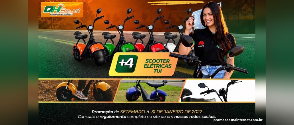Quatro scooters elétricas TUI nas cores laranja, verde, vermelha e branca, ao lado de uma mulher sorridente segurando chaves, com o selo "+4 Scooter Elétricas TUI" e o logo da DH Solar.