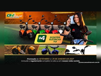 Quatro scooters elétricas TUI nas cores laranja, verde, vermelha e branca, ao lado de uma mulher sorridente segurando chaves, com o selo "+4 Scooter Elétricas TUI" e o logo da DH Solar.