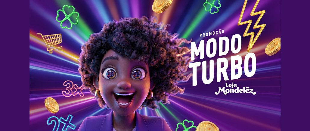 Arte da Promoção Modo Turbo Loja Mondelēz com personagem 3D de cabelo cacheado e expressão animada diante de fundo roxo com raios de luz coloridos, rodeada por moedas douradas, trevos, carrinho de compras, raio amarelo e os números 2x e 3x em neon, ao lado do logotipo da promoção.