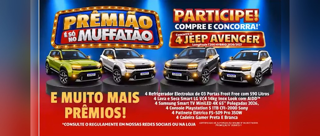 Arte da promoção Prêmião é só no Muffatão com a chamada Participe, compre e concorra a 4 Jeep Avenger, quatro SUVs sobre pedestais e a lista de prêmios que inclui refrigerador, lava e seca, TV, PlayStation 5, patinete elétrico e cadeira gamer, em fundo azul e vermelho.