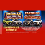 Arte da promoção Prêmião é só no Muffatão com a chamada Participe, compre e concorra a 4 Jeep Avenger, quatro SUVs sobre pedestais e a lista de prêmios que inclui refrigerador, lava e seca, TV, PlayStation 5, patinete elétrico e cadeira gamer, em fundo azul e vermelho.