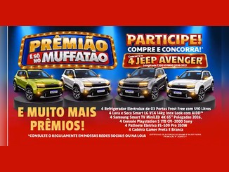 Arte da promoção Prêmião é só no Muffatão com a chamada Participe, compre e concorra a 4 Jeep Avenger, quatro SUVs sobre pedestais e a lista de prêmios que inclui refrigerador, lava e seca, TV, PlayStation 5, patinete elétrico e cadeira gamer, em fundo azul e vermelho.