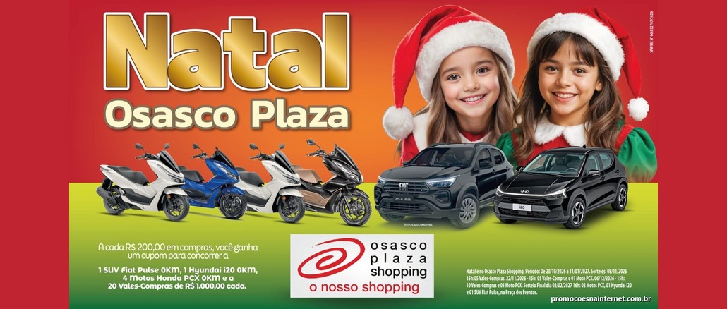 Promoção Natal Osasco Plaza Arte da campanha Natal Osasco Plaza com duas crianças de gorro de Papai Noel, quatro motos Honda PCX, um Fiat Pulse e um Hyundai i20 pretos sobre fundo vermelho, laranja e verde