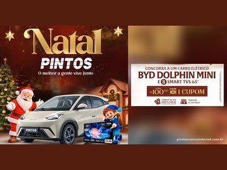 Arte da promoção Natal Pintos com Papai Noel e um duende ao lado de um carro elétrico BYD Dolphin Mini e uma Smart TV TCL de 65 polegadas, e painel com o texto "Concorra a um carro elétrico BYD Dolphin Mini e 8 Smart TVs 65 polegadas".