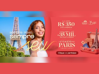Banner da campanha 35 anos do North Shopping Fortaleza com jovem sorridente diante da Torre Eiffel e a oferta: a cada R$350 em compras, concorra a até R$35.000 em vales-compras e a uma viagem para Paris, de 09/10 a 24/12.