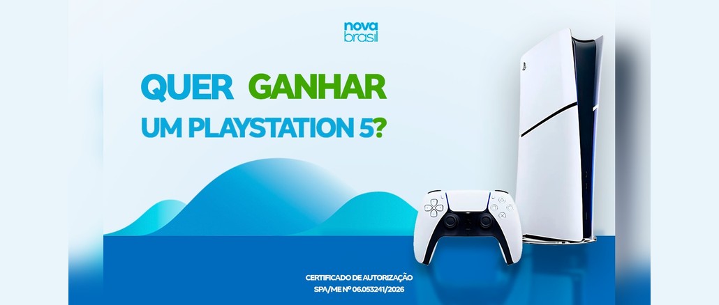 Arte do Concurso Dia das Crianças Novabrasil com a pergunta "Quer ganhar um PlayStation 5?", logo da Novabrasil, console PlayStation 5 Edição Digital e controle branco sobre fundo azul claro com ondas em tons de azul