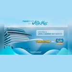 Arte da promoção Novabrasil em Alto-Mar com um navio de cruzeiro em fundo azul, a frase "Concorra a uma cabine no navio" e os logos do Dominguinho em Alto-Mar e do Festivalzinho em Alto-Mar.
