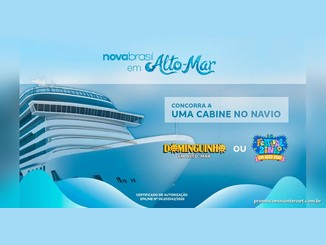 Arte da promoção Novabrasil em Alto-Mar com um navio de cruzeiro em fundo azul, a frase "Concorra a uma cabine no navio" e os logos do Dominguinho em Alto-Mar e do Festivalzinho em Alto-Mar.