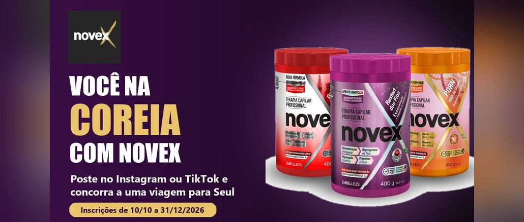 Você Na Coreia Com Novex Arte da promoção Você Na Coreia Com Novex com o logo Novex, o título em letras brancas e douradas sobre fundo roxo-escuro e os três potes da linha Terapia Capilar Coreana Novex nas cores vermelha, roxa e laranja.