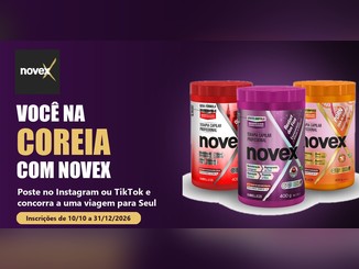 Arte da promoção Você Na Coreia Com Novex com o logo Novex, o título em letras brancas e douradas sobre fundo roxo-escuro e os três potes da linha Terapia Capilar Coreana Novex nas cores vermelha, roxa e laranja.