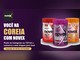 Arte da promoção Você Na Coreia Com Novex com o logo Novex, o título em letras brancas e douradas sobre fundo roxo-escuro e os três potes da linha Terapia Capilar Coreana Novex nas cores vermelha, roxa e laranja.