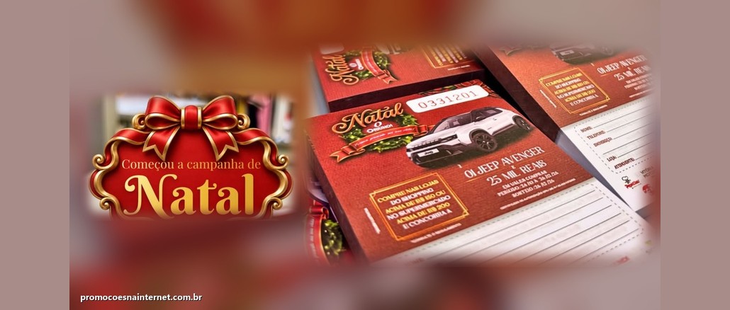Promoção Natal Oriundi Shopping: Jeep Avenger Selo vermelho e dourado com laço e a frase Começou a campanha de Natal, ao lado de blocos de cupons da promoção Natal Oriundi Shopping com a imagem de um Jeep Avenger branco.