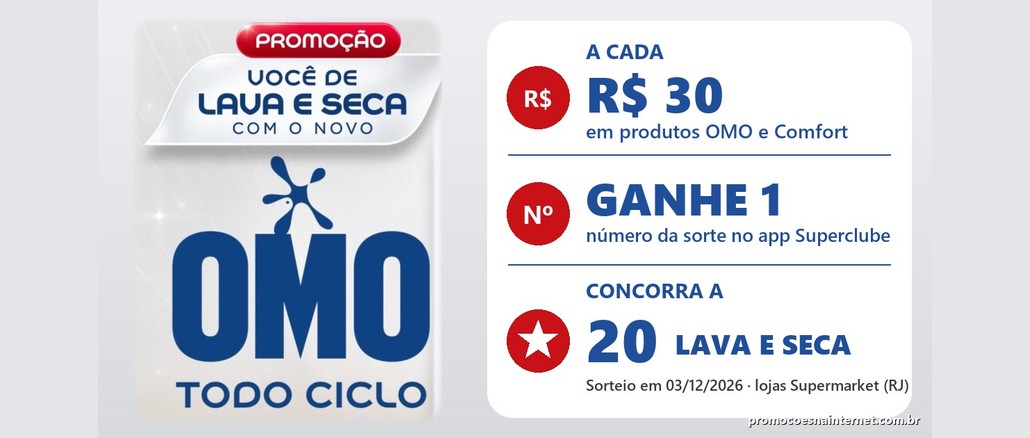 Promoção Você de Lava e Seca com o novo Omo - Supermarket Arte da promoção Você de Lava e Seca com o novo Omo, da Rede Supermarket: a cada R$30 em produtos OMO e Comfort, 1 número da sorte no app Superclube para concorrer a 20 lava e seca.