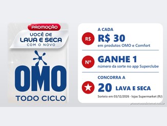 Arte da promoção Você de Lava e Seca com o novo Omo, da Rede Supermarket: a cada R$30 em produtos OMO e Comfort, 1 número da sorte no app Superclube para concorrer a 20 lava e seca.