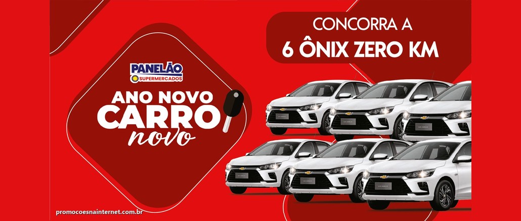 Arte vermelha da campanha Ano Novo Carro Novo do Panelão Supermercados, com seis Chevrolet Onix brancos e a chamada "Concorra a 6 Onix zero km".