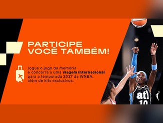 Arte laranja da promoção Playoffs WNBA com o texto "Participe você também!", ícone de mala de viagem e foto de jogadora do Atlanta Dream arremessando a bola.