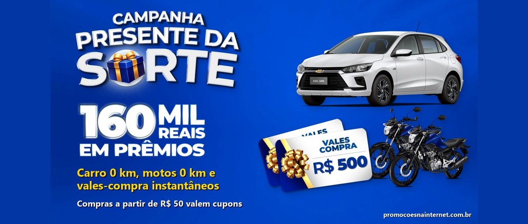 Arte da campanha Presente da Sorte CDL 2026 com a frase 160 mil reais em prêmios, um Chevrolet Onix branco, duas motos azuis e vales-compra de R$500