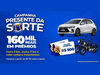 Arte da campanha Presente da Sorte CDL 2026 com a frase 160 mil reais em prêmios, um Chevrolet Onix branco, duas motos azuis e vales-compra de R$500