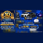 Arte da promoção 10 Anos – Show de Prêmios Aniversário Puppo, do Grupo Puppo, com o selo de 10 anos, as datas da campanha, a imagem dos prêmios (2 carros 0 km, 2 iPhones 15, 2 Smart TVs de 55 polegadas, 20 vales-compras de R$1.000,00, patinete elétrico e robô aspirador) e a regra de 1 cupom a cada R$100,00 em compras.