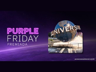 Arte da Purple Friday Premiada, com o logotipo em letras de neon roxo e branco ao lado do globo da Universal Orlando Resort, sobre fundo espacial em tons de roxo.