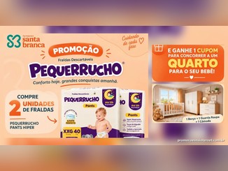 Arte da Promoção Quartinho dos Sonhos Pequerrucho, das Farmácias Santa Branca, com pacotes de fraldas Pequerrucho Pants Hiper, a chamada para receber 1 cupom na compra de 2 pacotes e a foto de um quarto de bebê com berço, guarda-roupa e cômoda.