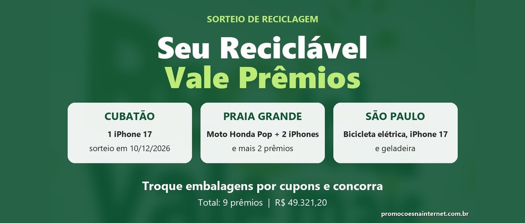 Seu Reciclável Vale Prêmios Arte da campanha Seu Reciclável Vale Prêmios com os prêmios dos sorteios de Cubatão, Praia Grande e São Paulo, em fundo verde