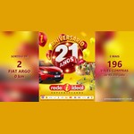Arte do Aniversário 21 Anos da Rede Ideal Supermercados com um Fiat Argo vermelho, carrinho de compras cheio e balões, com destaque para 2 Fiat Argo e 196 vales-compras de R$350