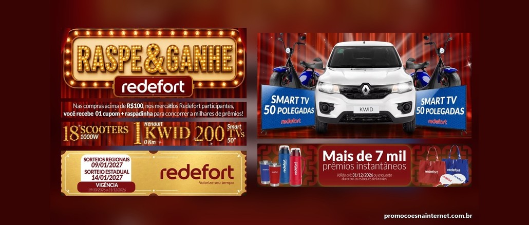 Promoção Raspe & Ganhe Redefort Arte da promoção Raspe & Ganhe Redefort com cortinas de teatro, letreiro luminoso, Renault Kwid branco, scooters elétricas, brindes e datas dos sorteios